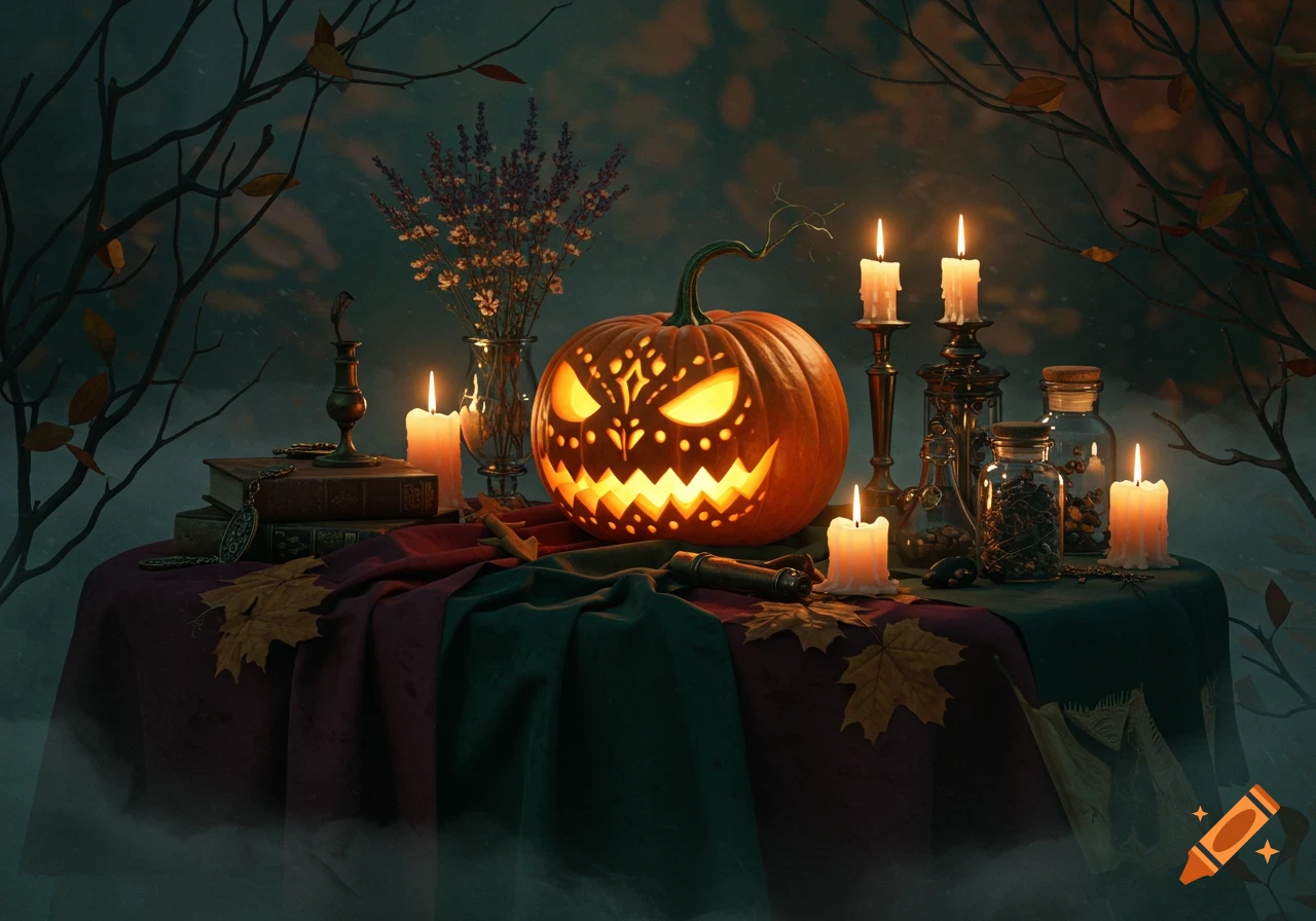 A still life Halloween scene with a glowing jack-o'-lantern, lit candles, old books, and potion bottles on a draped table, with dark branches overhead.