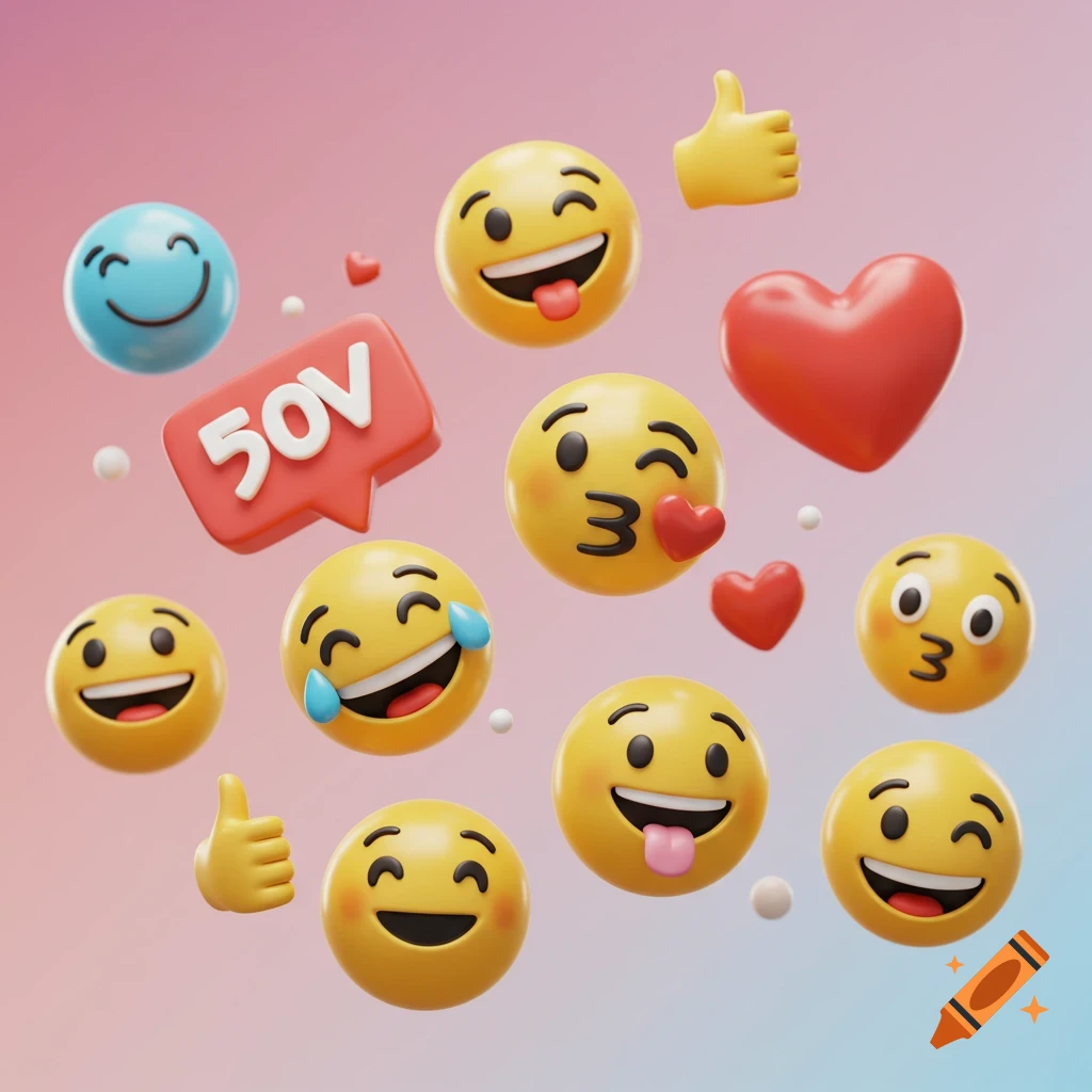 3D rendered emojis including laughing, kissing, and smiling faces, hearts, thumbs up, and a '50V' speech bubble, on a gradient background.
