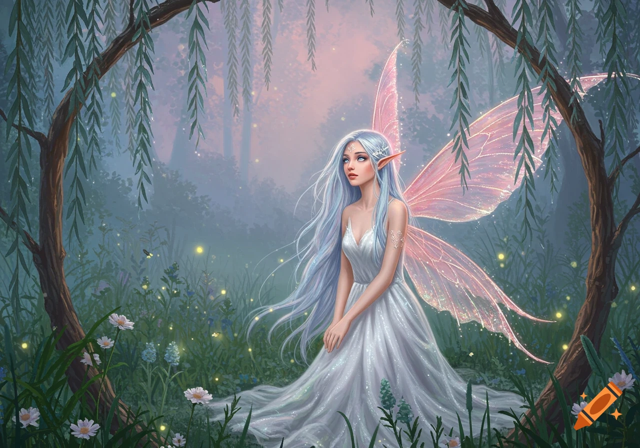 A beautiful fairy with long light blue hair, blue eyes, and pink-tinged wings, wearing a white dress, sits in a mystical forest with willow trees and glowing fireflies.