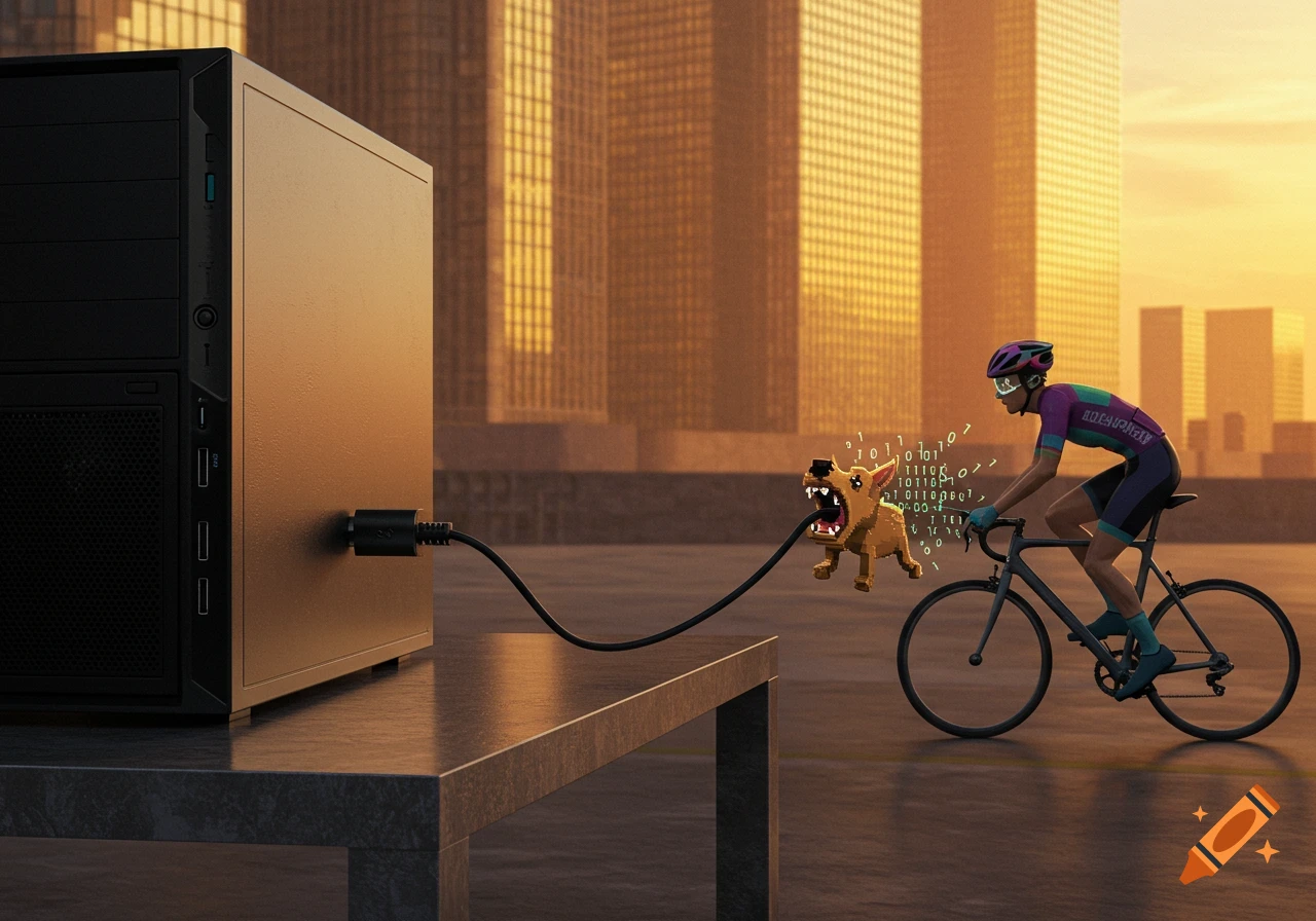 A computer with a USB cable connected to a pixelated dog, which barks binary code at a cyclist on a city rooftop at sunset.