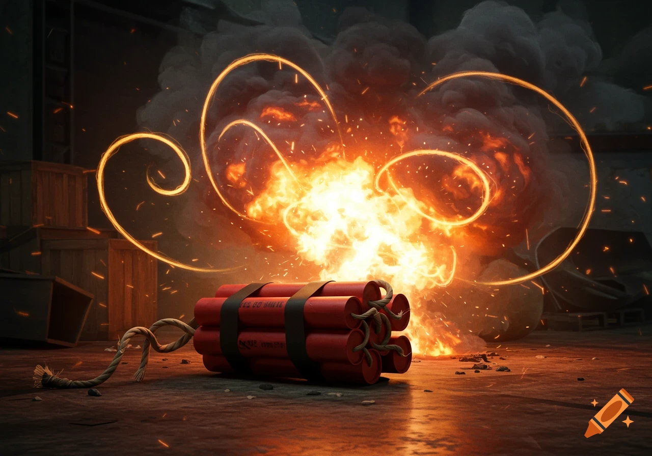 A bundle of red dynamite sticks with a fuse on a concrete floor, with a large fiery explosion and smoke in the background.