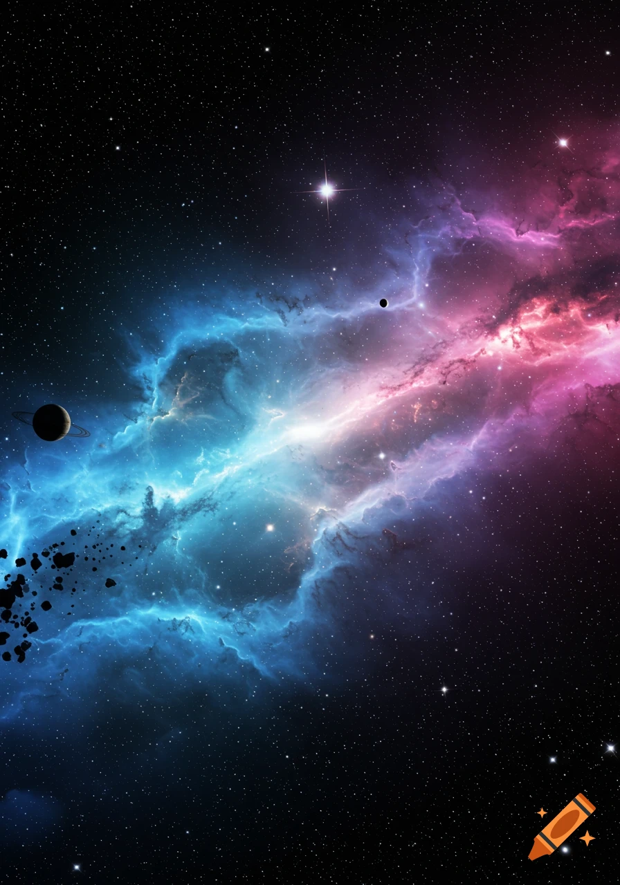 A vibrant cosmic nebula with swirling blue, purple, and pink gases, distant stars, planets, and asteroids in deep space.