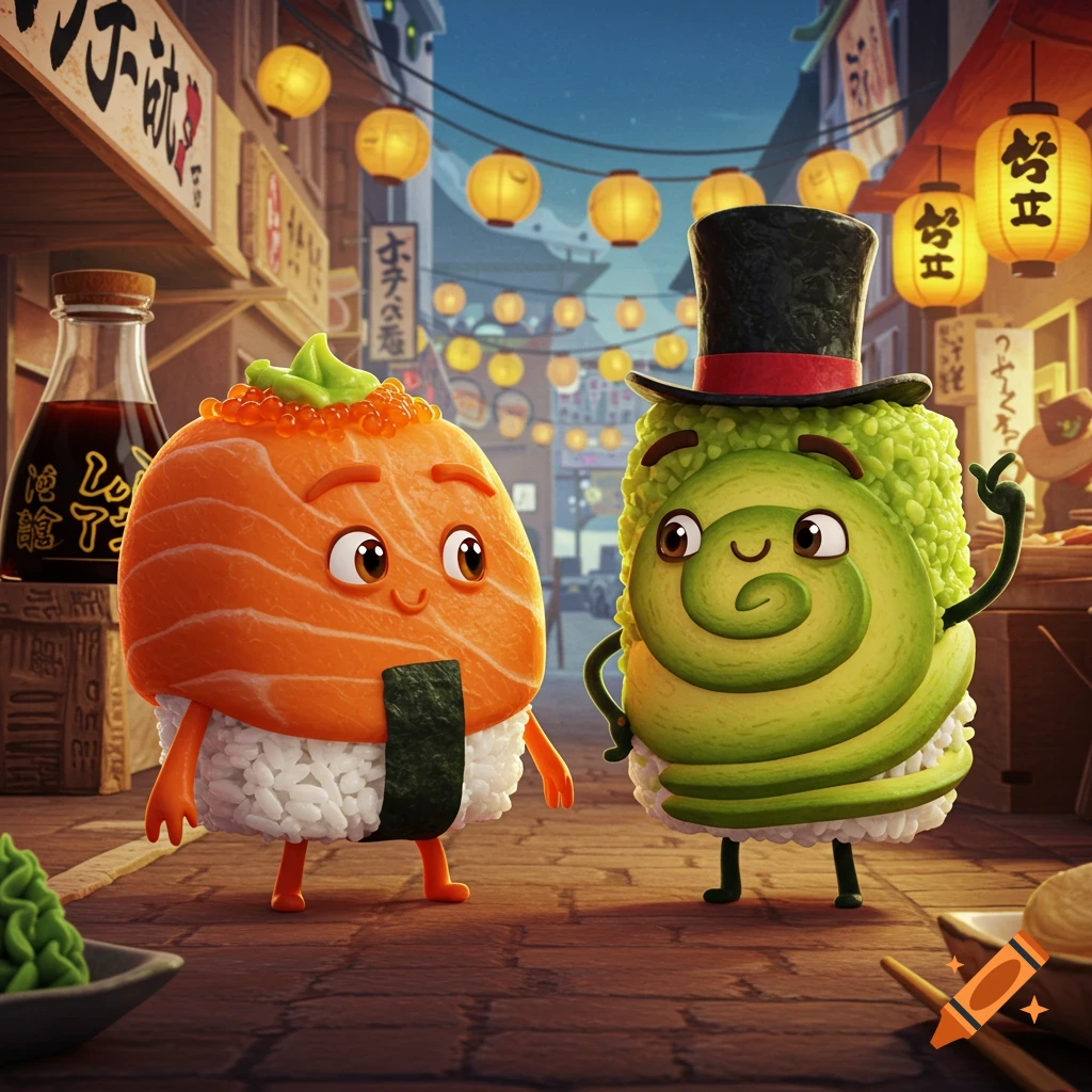 Two smiling cartoon sushi characters, a salmon nigiri and an avocado roll with a top hat, stand on a cobblestone street in a vibrant Japanese town at night, illuminated by lanterns.