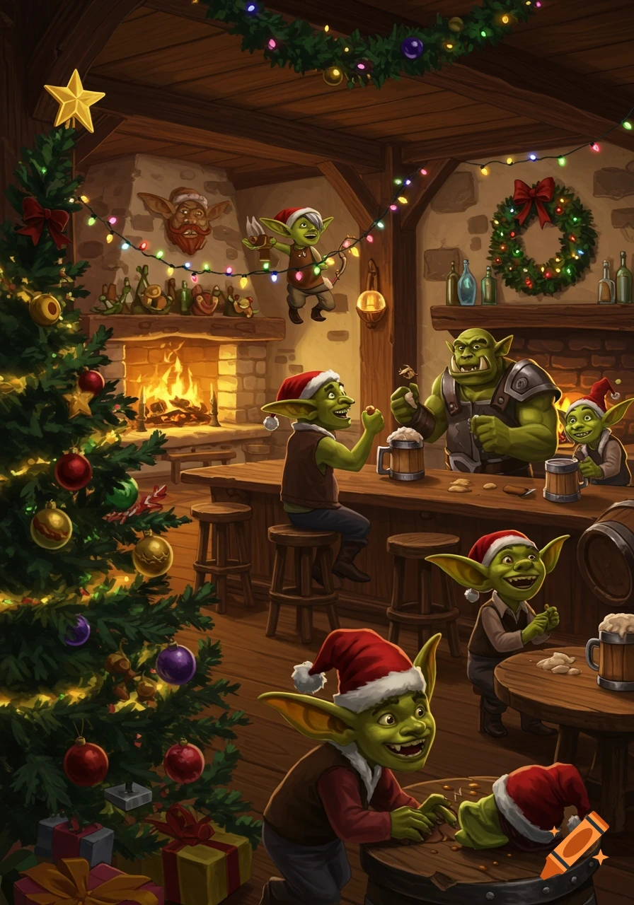 Cartoonish goblins and an orc in a festive, chaotic tavern, celebrating Christmas with drinks and presents.