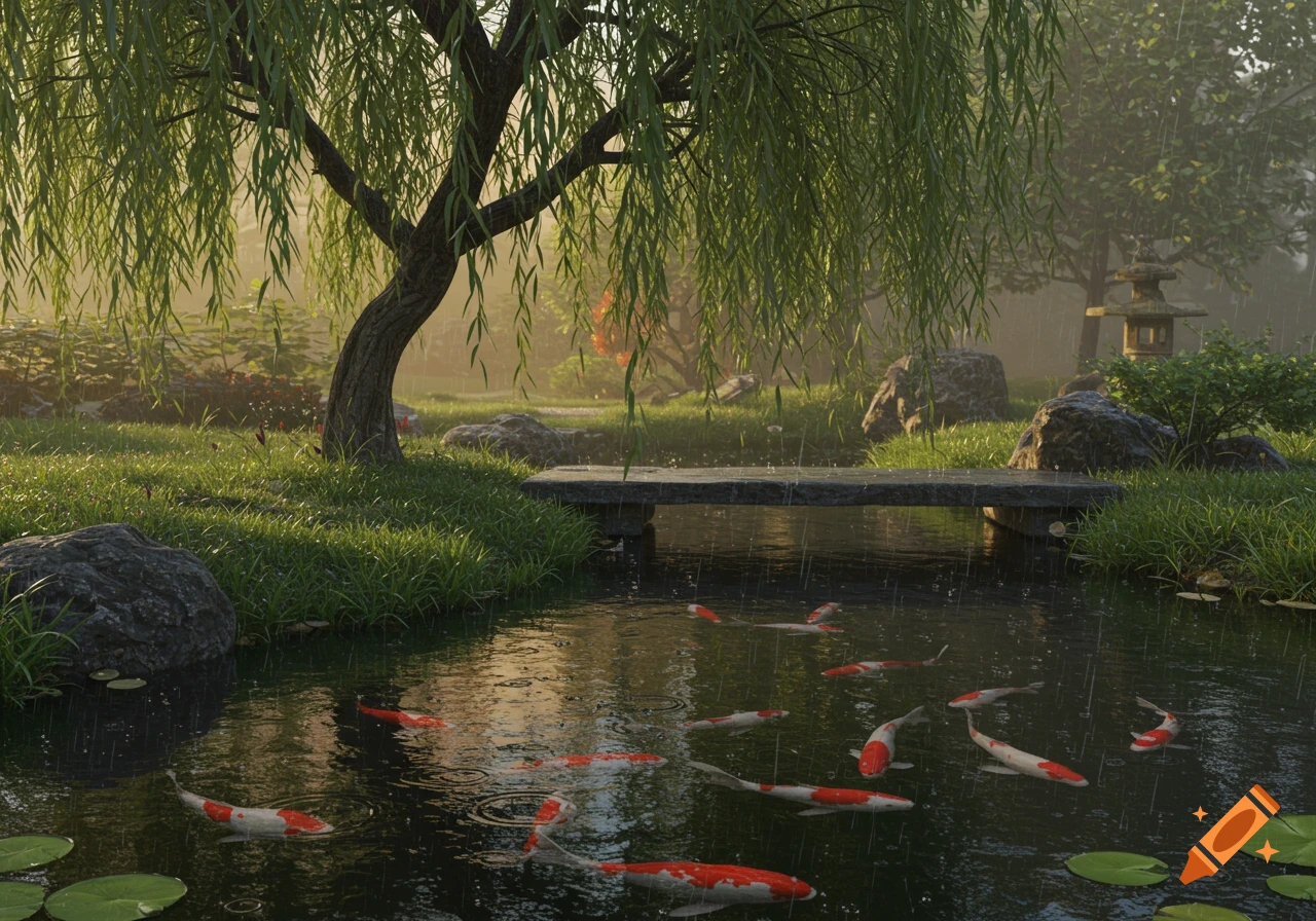 Photorealistic Japanese garden scene with a weeping willow tree, a stone bridge over a pond with koi fish, and light rain falling.