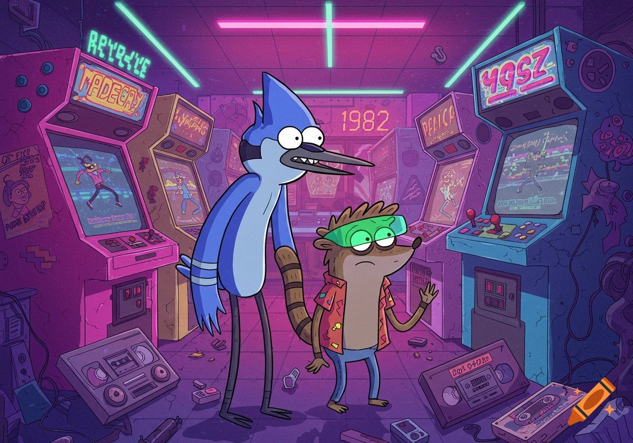 Mordecai and Rigby in a neon-lit 80s arcade, surrounded by arcade machines, cassette tapes, and retro decor. The blue jay looks at the camera, while the raccoon wears a visor and a colorful shirt.