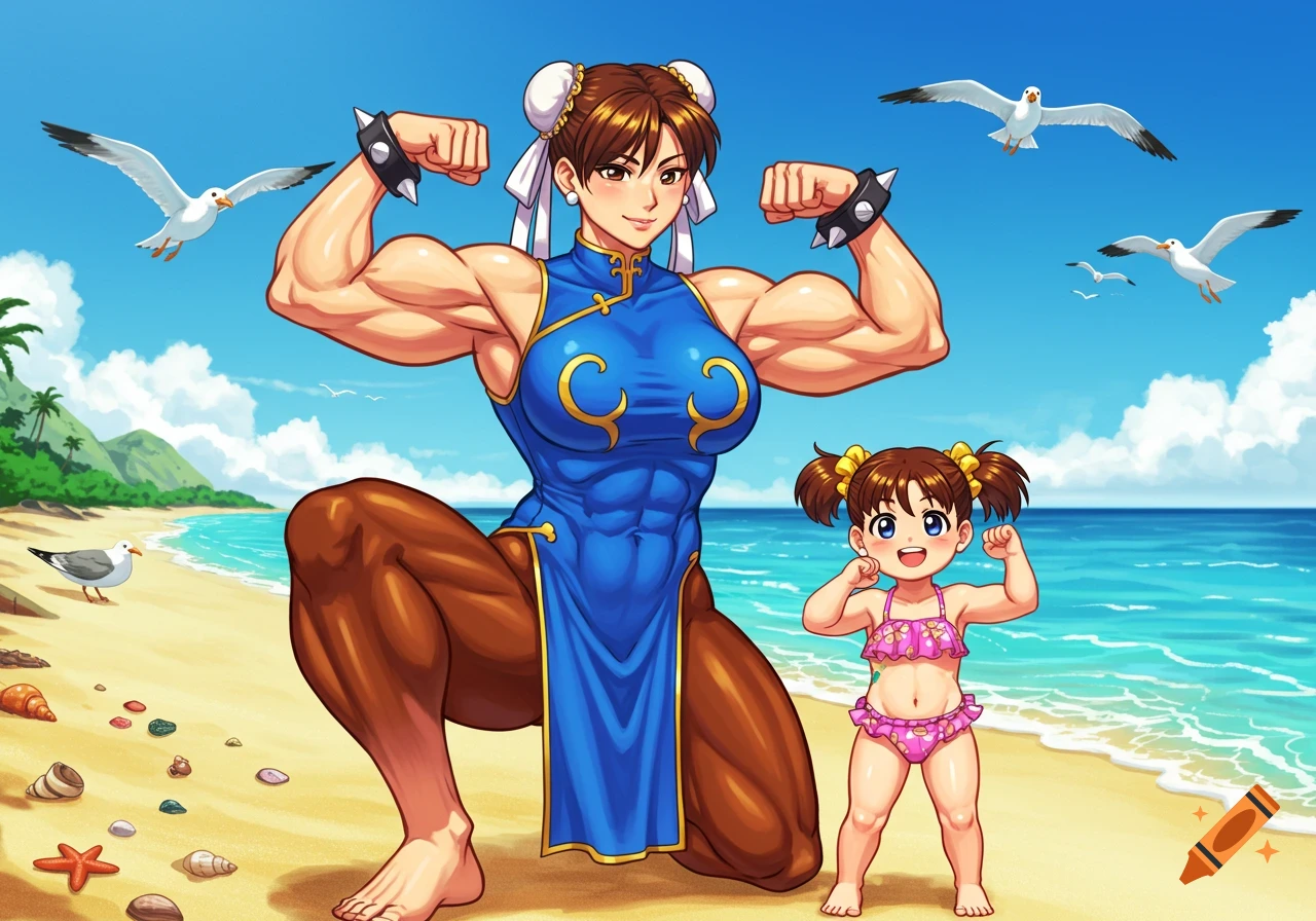 Anime Chun-Li and a small child flex muscles on a sunny beach, with seagulls and palm trees in the background.