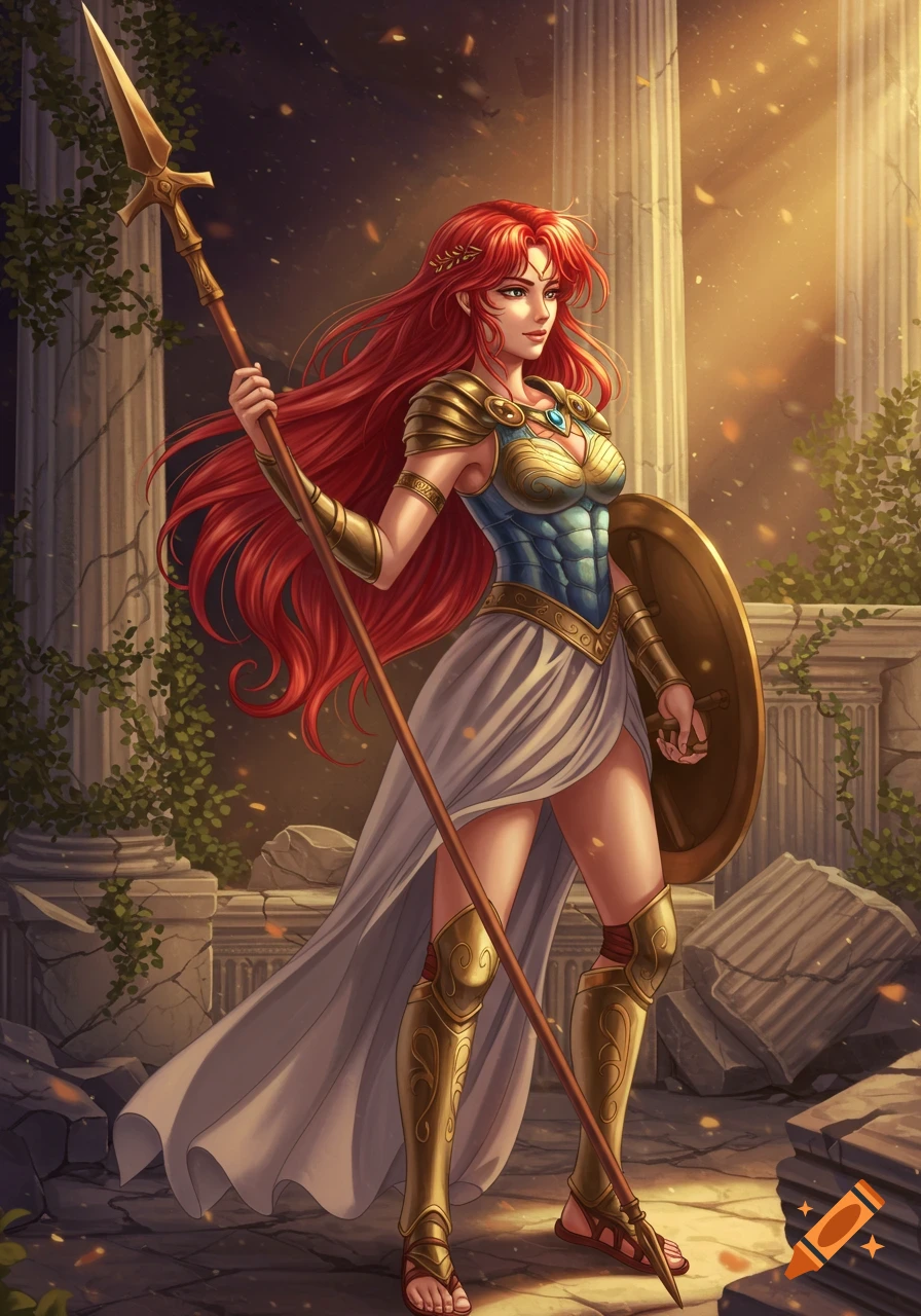 A red-haired warrior woman in golden armor and white robes stands with a spear and shield in ancient ruins, in an old anime style.