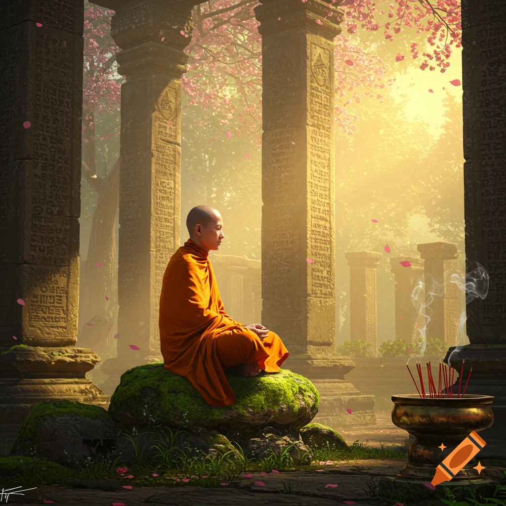 A Buddhist monk meditates peacefully on a mossy rock in sunlit ancient ruins with pink cherry blossoms falling.