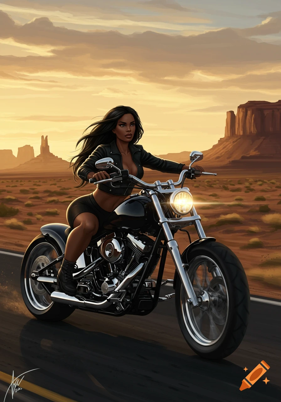 An illustrated dark-skinned woman with long black hair rides a black bobber motorcycle down a desert road at sunset.