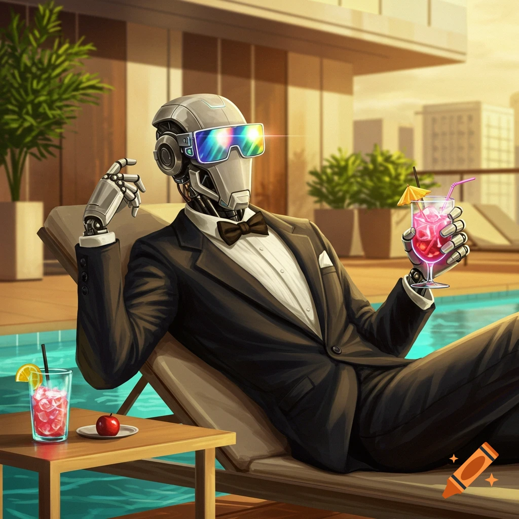 An illustration of a robot in a tuxedo and rainbow sunglasses relaxing by a pool, holding a pink cocktail.