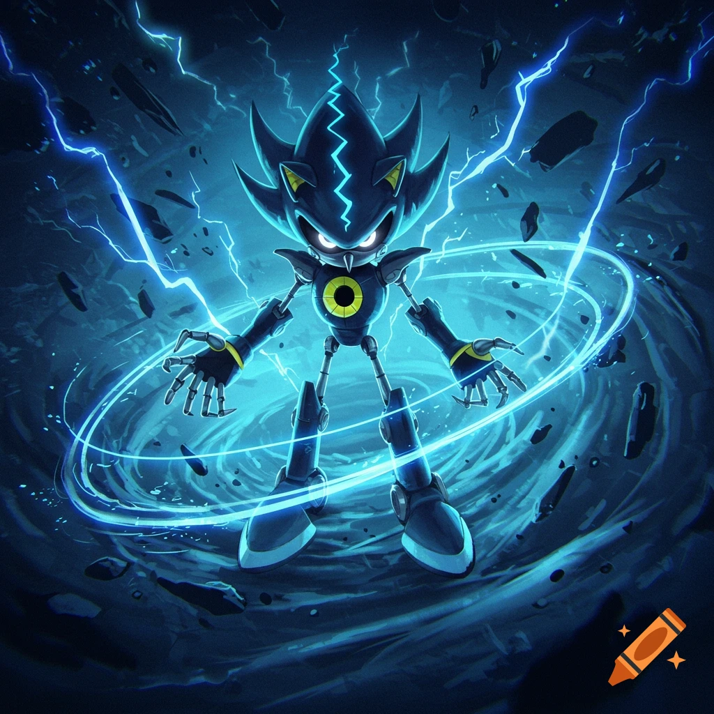 A powerful, god-like Neo Metal Sonic, emanating blue lightning and energy in a dark, swirling vortex.