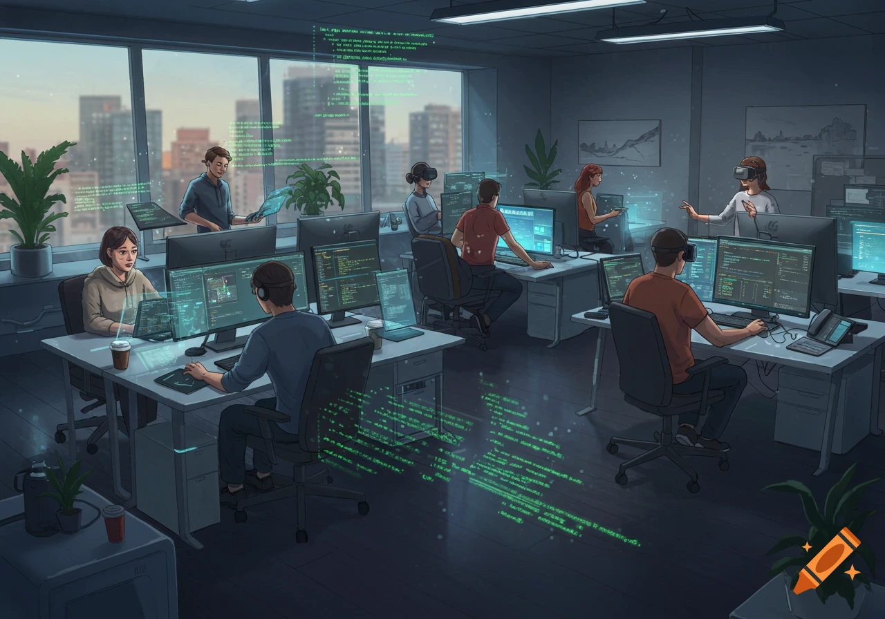 An illustrated office scene with several people working on computers, some with VR headsets, surrounded by green digital code elements.