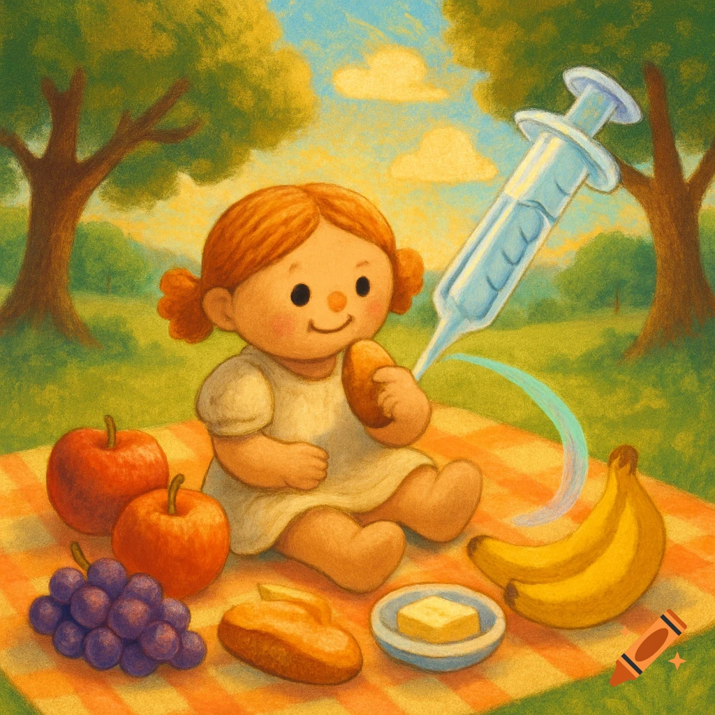 A childlike doll with pigtails sits on a picnic blanket with fruit and bread, while a large syringe floats nearby.