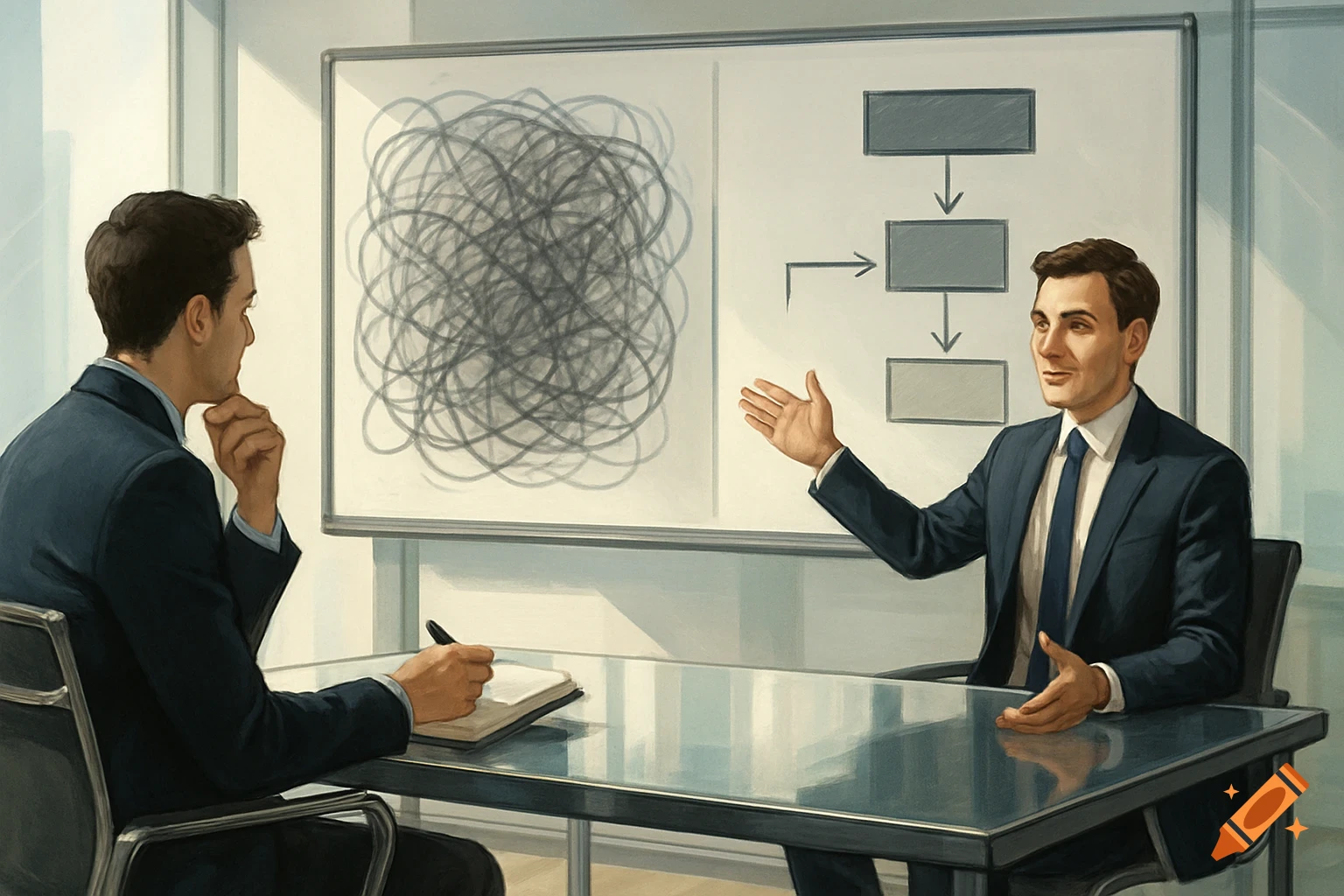 Two professionals in a modern office meeting. One points at a whiteboard showing a chaotic problem and a clear solution diagram, while the other takes notes.