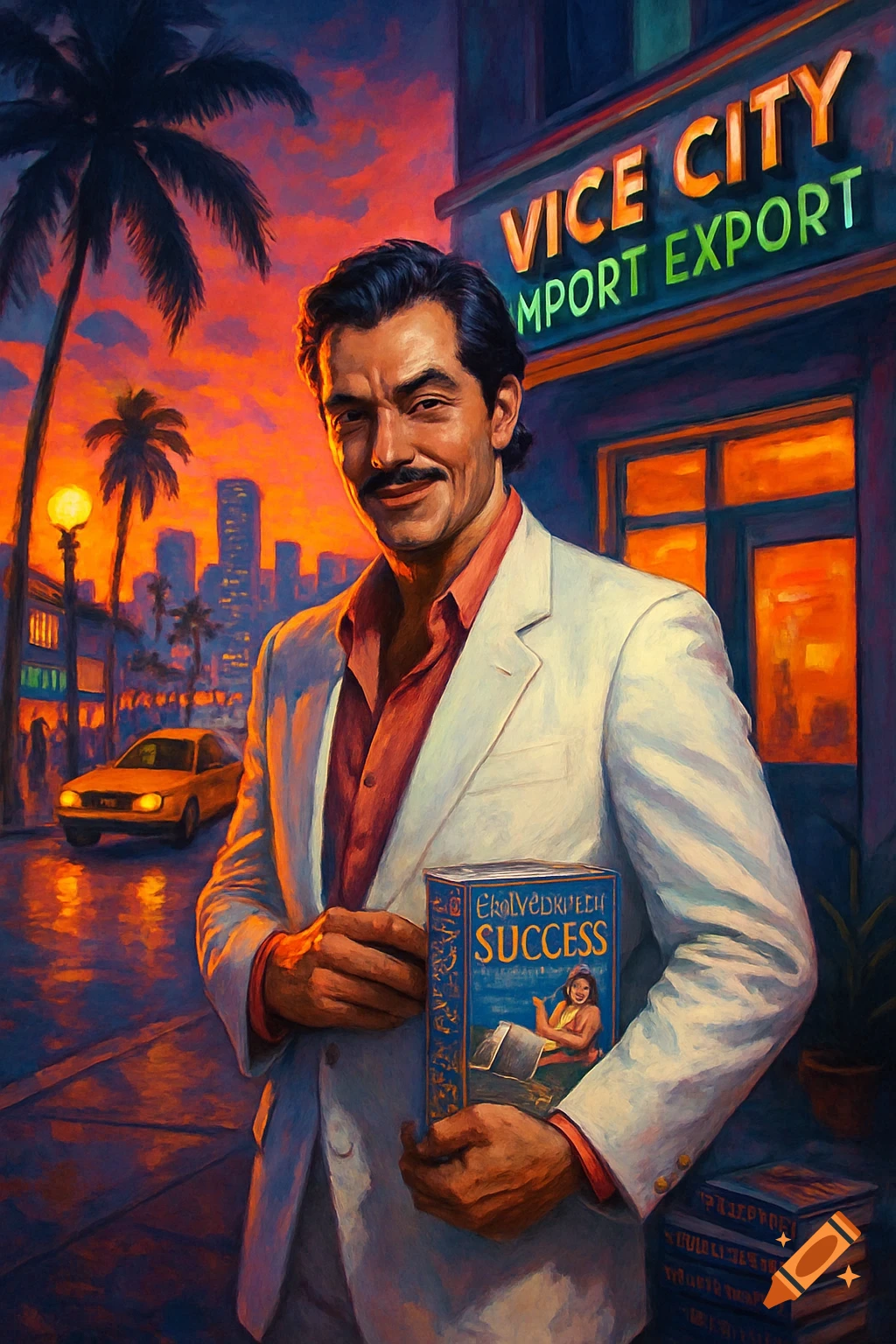 A smiling man in a white suit holds a self-help book, in front of a Vice City Import Export building at sunset, in a vibrant painterly style.