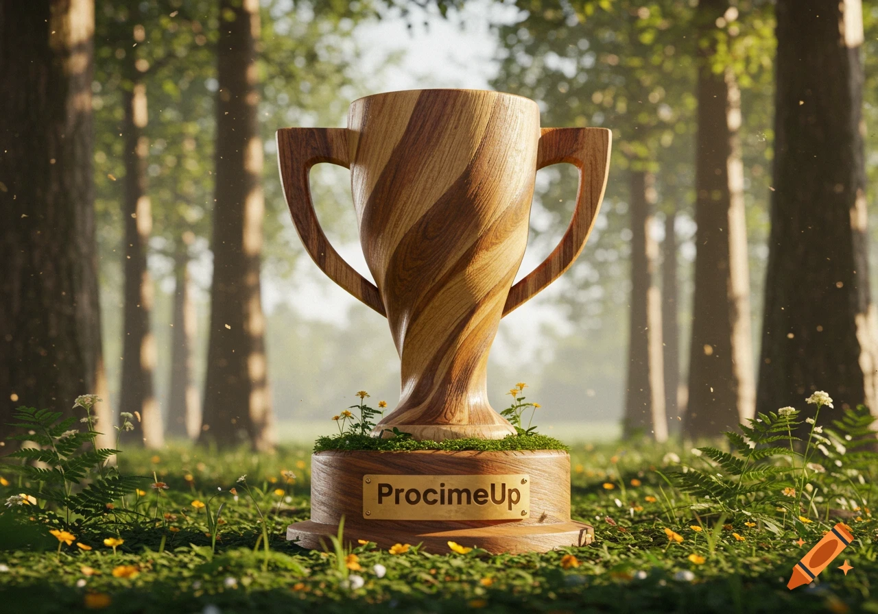 A twisted wooden trophy with a "ProcimeUp" plaque stands on a lush forest floor amidst grass and flowers in dappled sunlight.