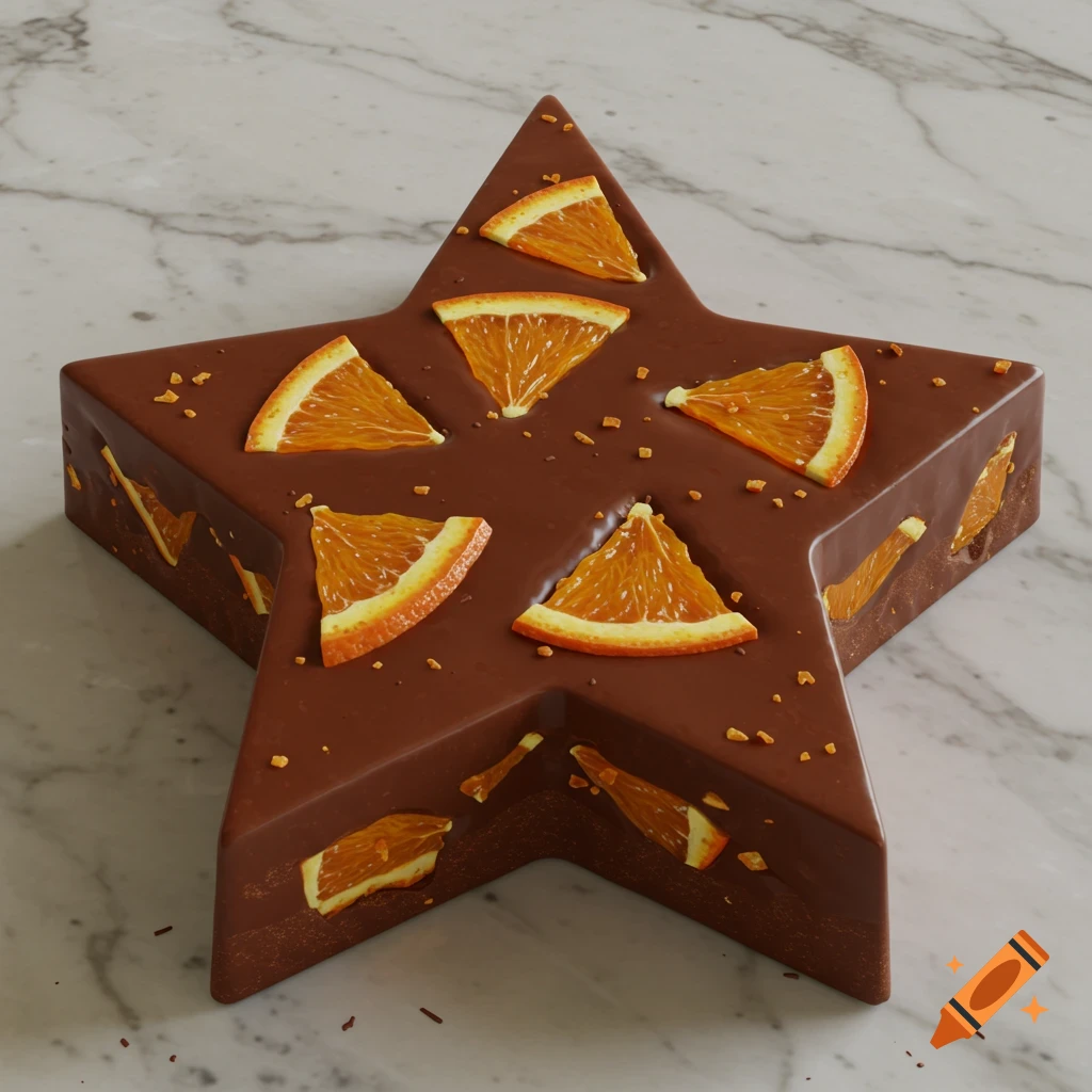 A star-shaped chocolate bar with shiny glaze, topped with orange slices and small candied orange bits, resting on a white marble surface.