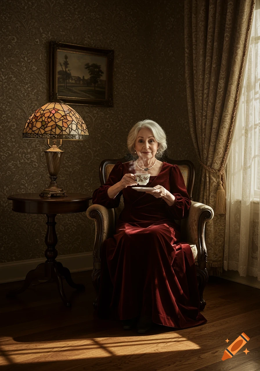 A senior woman with white hair in a red velvet dress sits in an armchair, holding a steaming teacup in a warmly lit, elegant room.