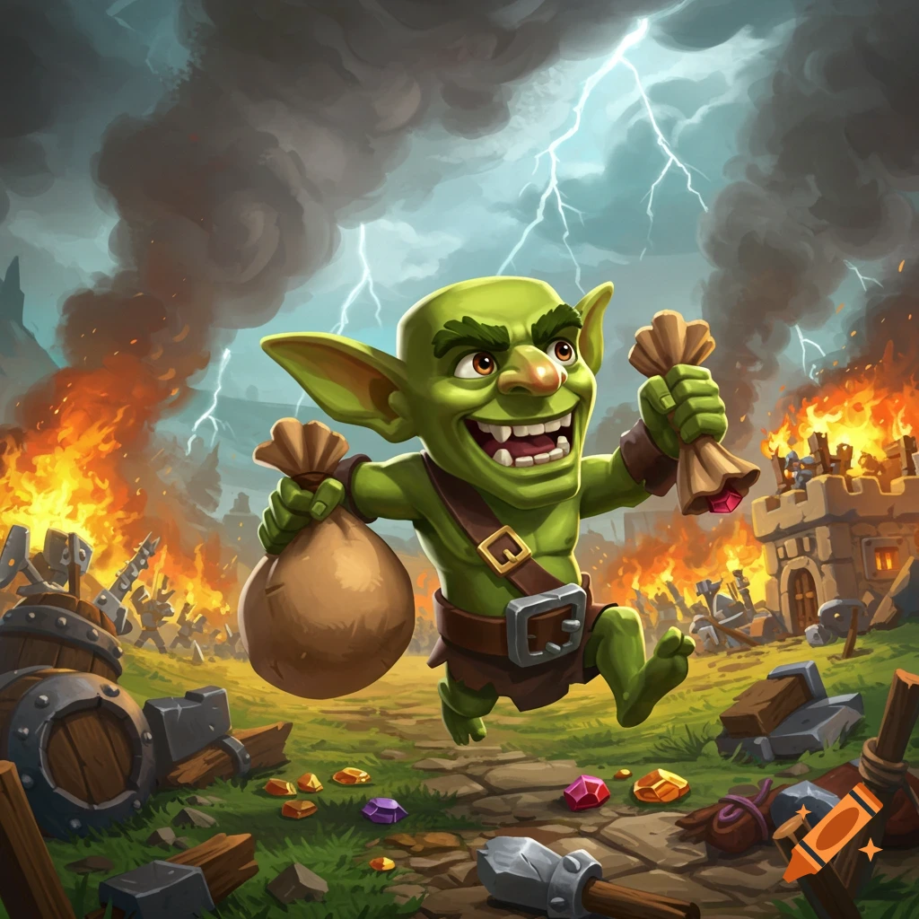 A grinning green goblin with large ears runs through a burning village under a stormy, lightning-filled sky, clutching a sack of loot and a pouch of gems.