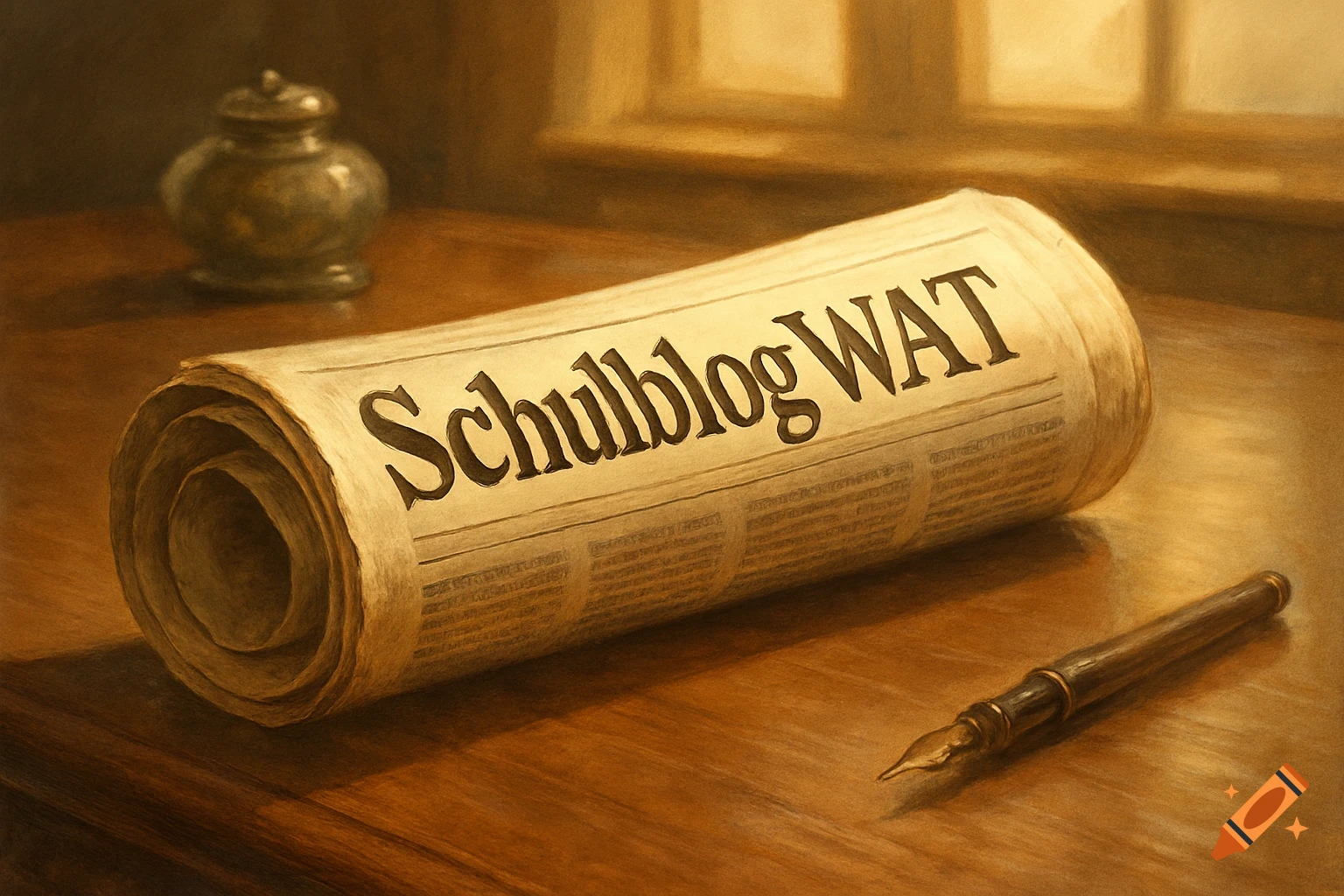 A rolled-up newspaper titled 'Schulblog WAT' on a wooden desk with an inkwell and quill pen, in a classic painting style.