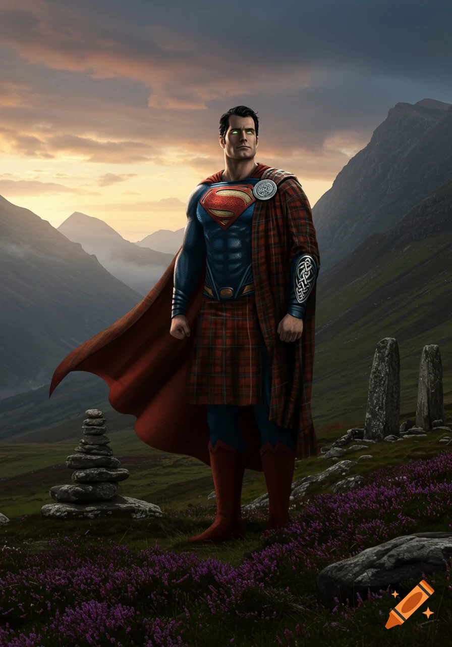Superman in a Scottish kilt and tartan cape with glowing green eyes stands in a photorealistic mountain landscape with purple heather and standing stones.