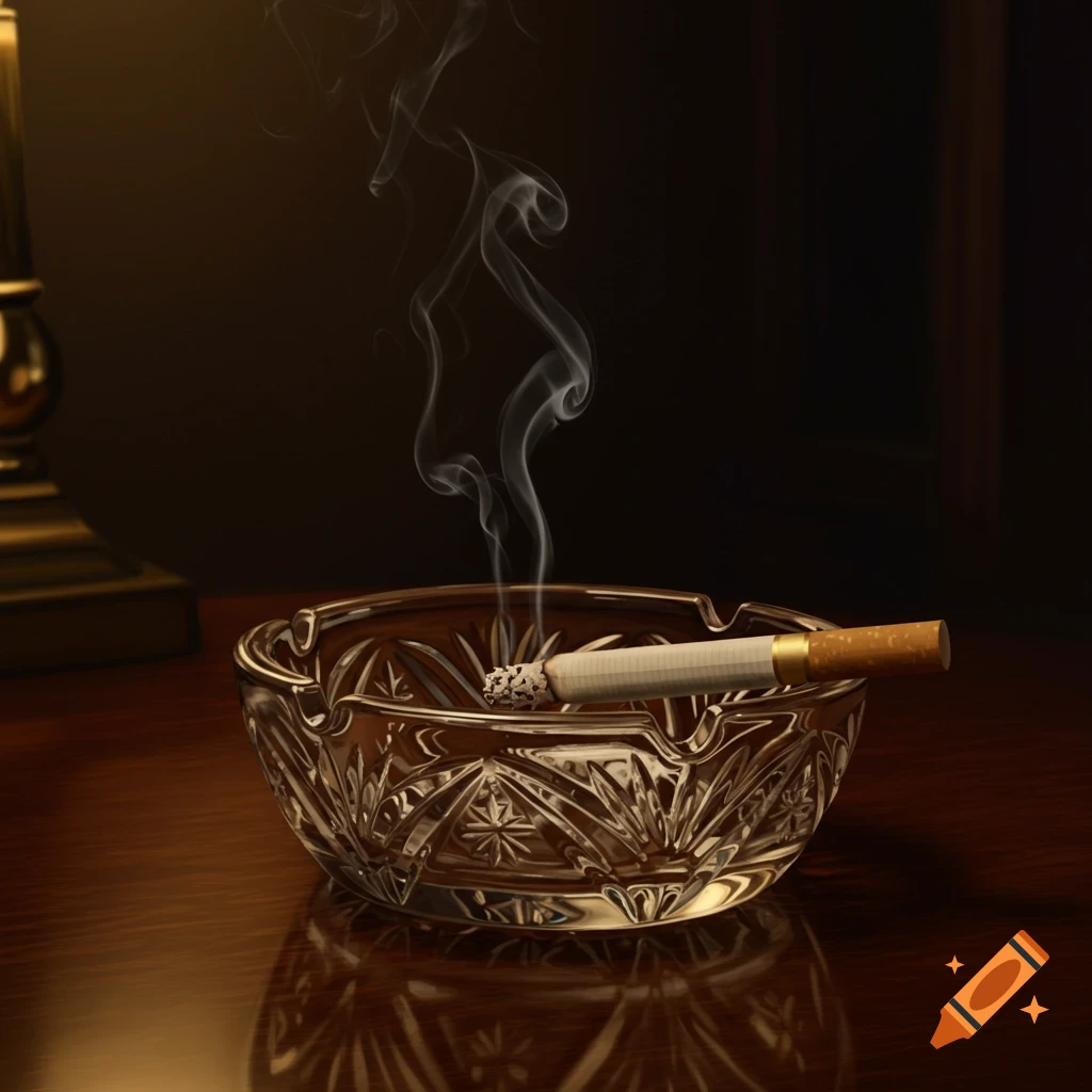 A lit cigarette with smoke rising from it, resting in a clear patterned glass ashtray on a polished wooden table in a dimly lit room.