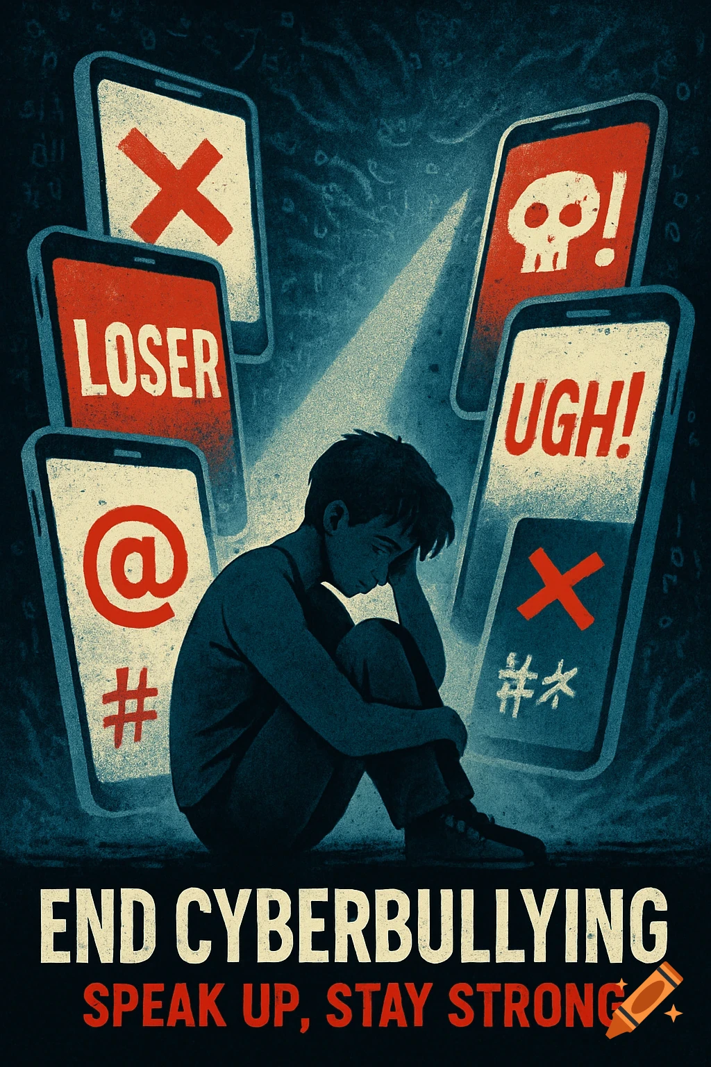 An illustration of a distressed child surrounded by phones displaying cyberbullying messages. Text reads 'END CYBERBULLYING SPEAK UP, STAY STRONG'.