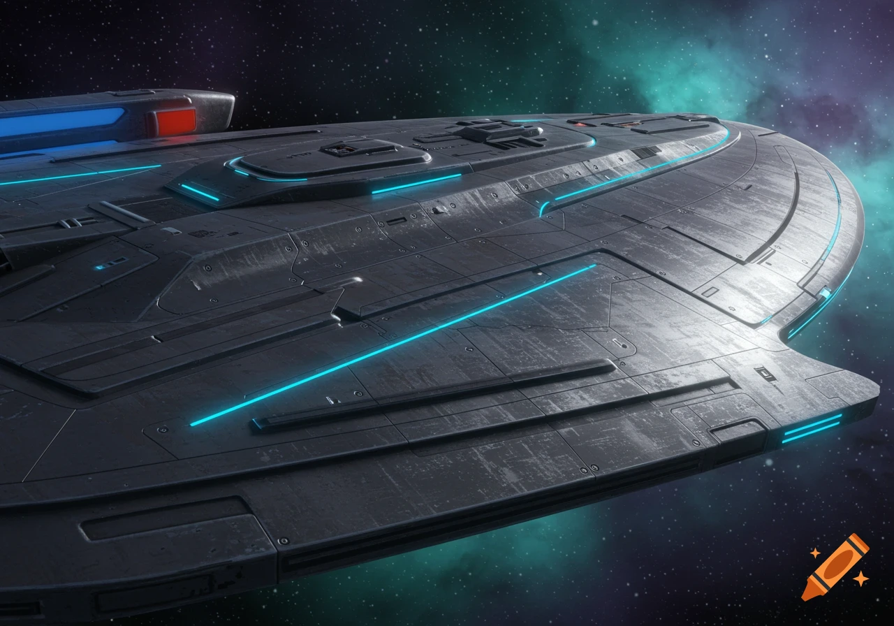 A detailed close-up of a dark grey starship in space, with glowing blue and red accents, against a cosmic background.