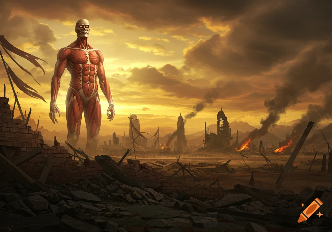A giant, muscular, skinless figure stands in a ruined city under a smoky orange sky, reminiscent of Attack on Titan.