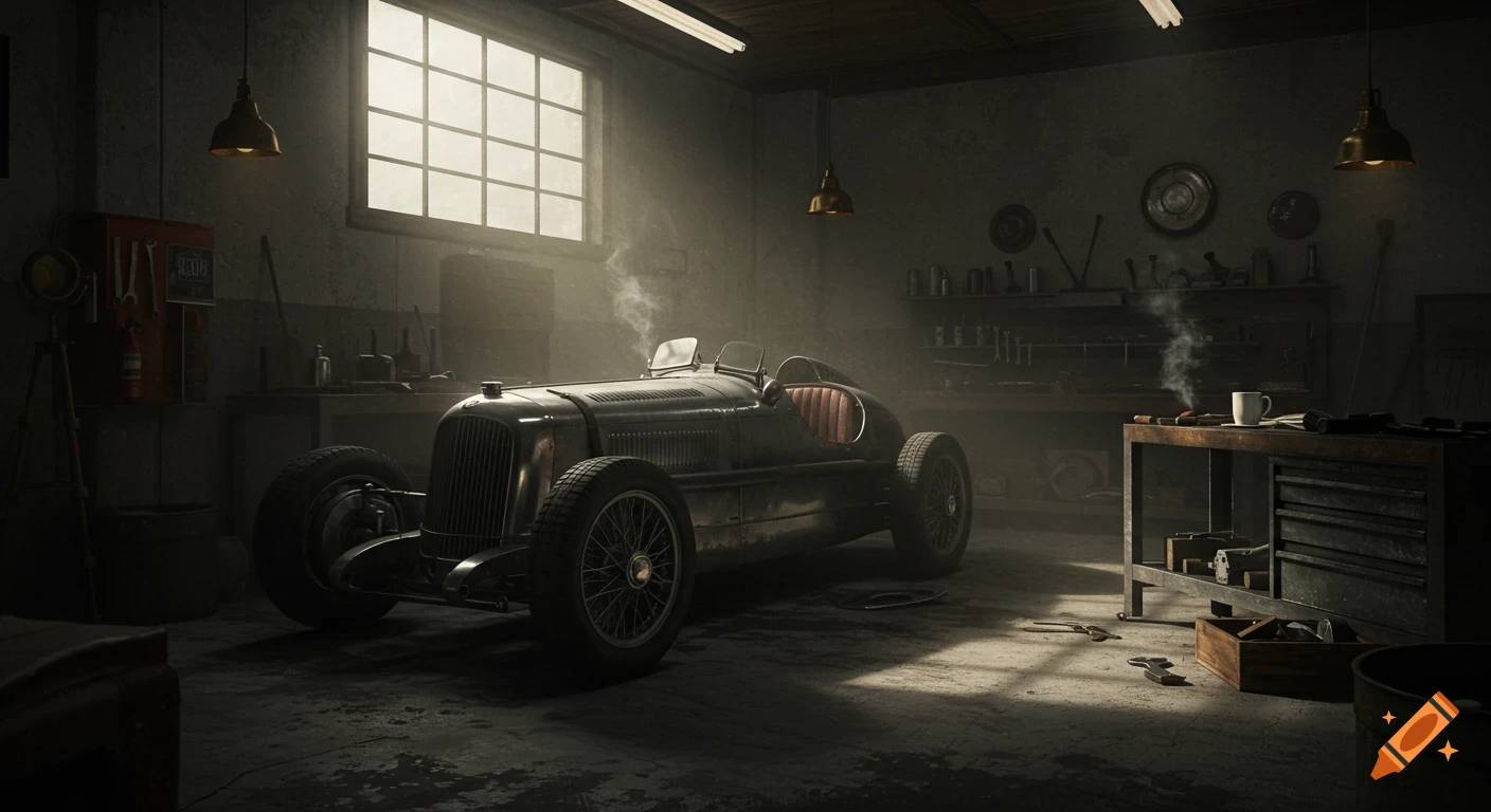 A vintage racing car sits in a dimly lit, dusty garage, with tools on a workbench and sunlight streaming through a large window, in a cinematic, realistic style.