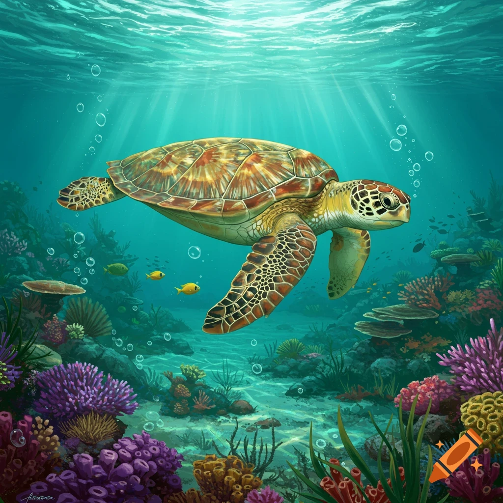 A colorful sea turtle swims gracefully through a vibrant underwater coral reef, illuminated by sunlight filtering from above.