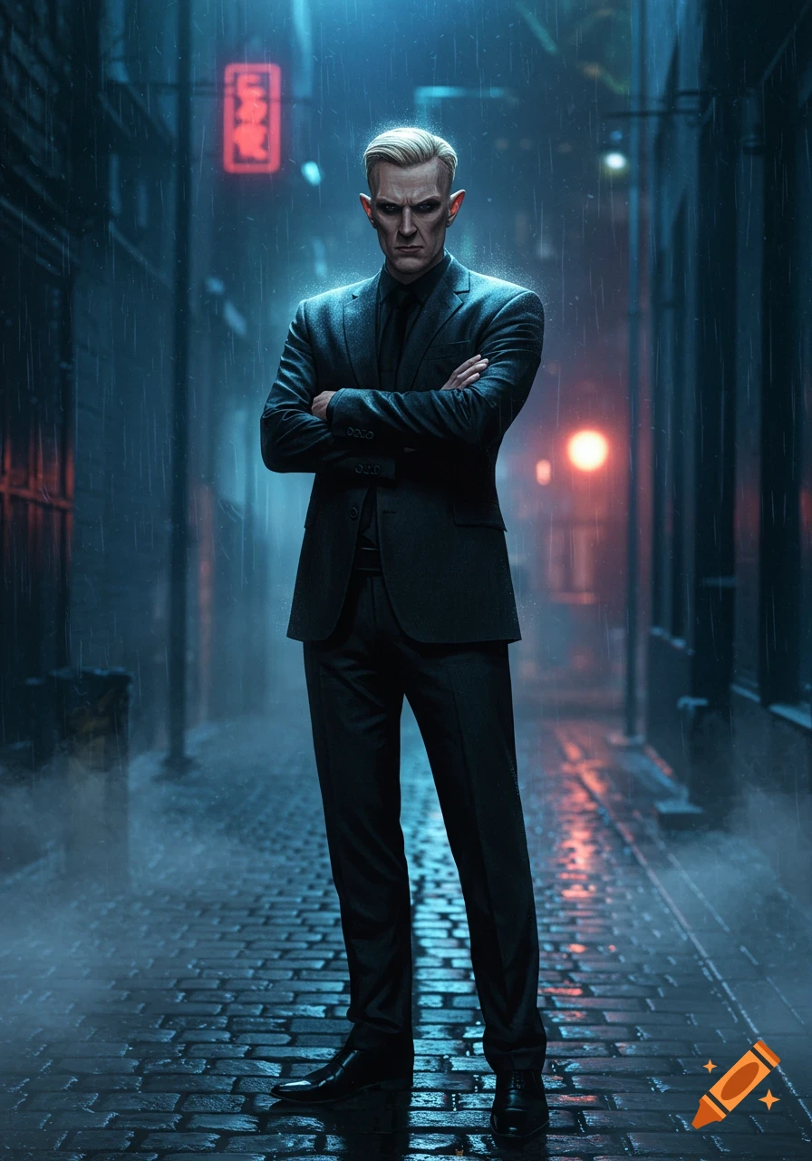 A stern, blond man with large, pointed ears stands in a dark, rainy urban alley illuminated by neon lights.