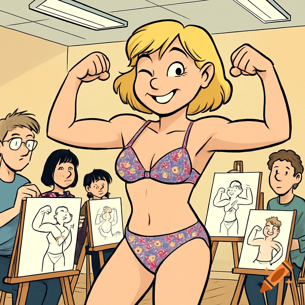 A blonde cartoon woman in a floral bikini flexes her muscles in an art class while students sketch her.