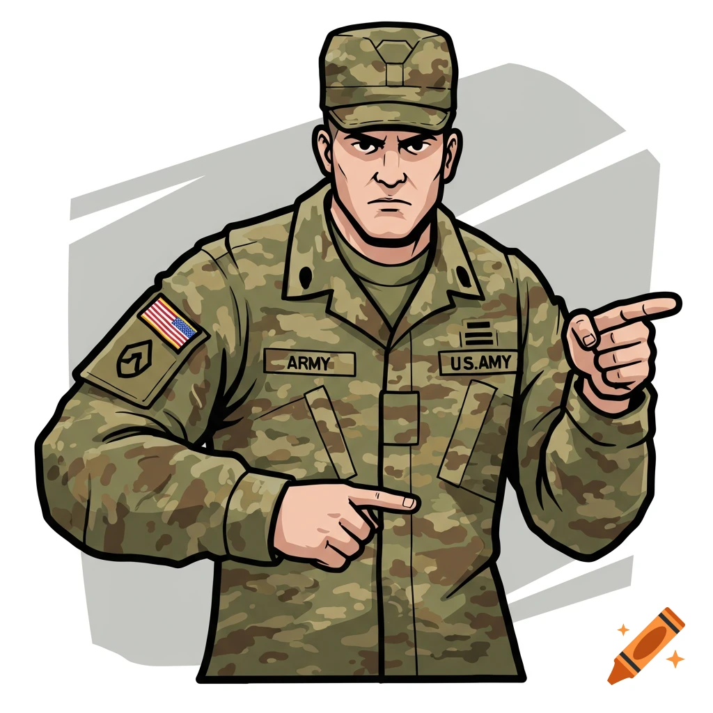 A clip art illustration of a male US Army sergeant in ACU uniform and patrol cap, pointing with both hands, with a stern expression.