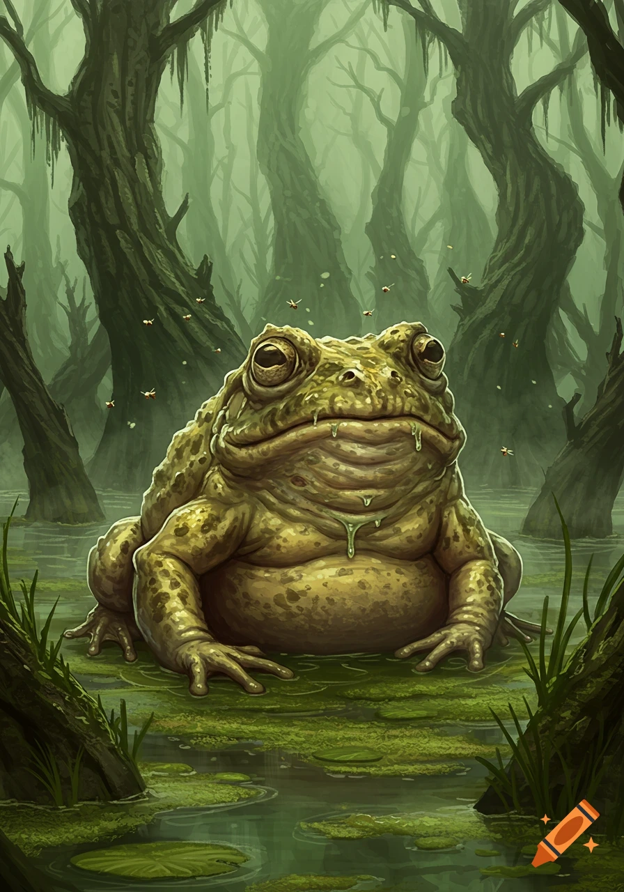 A large, warty toad with drool sits in murky swamp water with lily pads and twisted trees, flies buzz around.