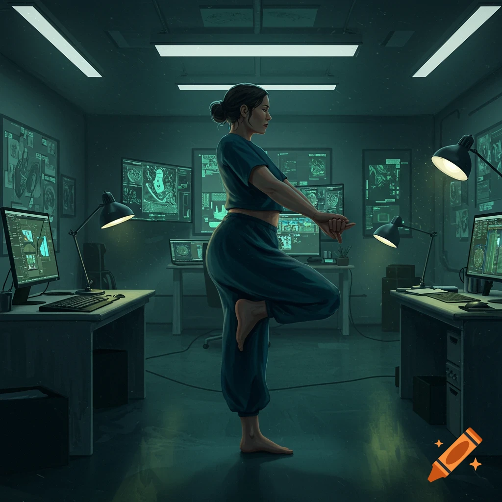 A woman in a dark teal outfit practices a yoga tree pose in a dimly lit office with multiple glowing computer screens. Digital art.