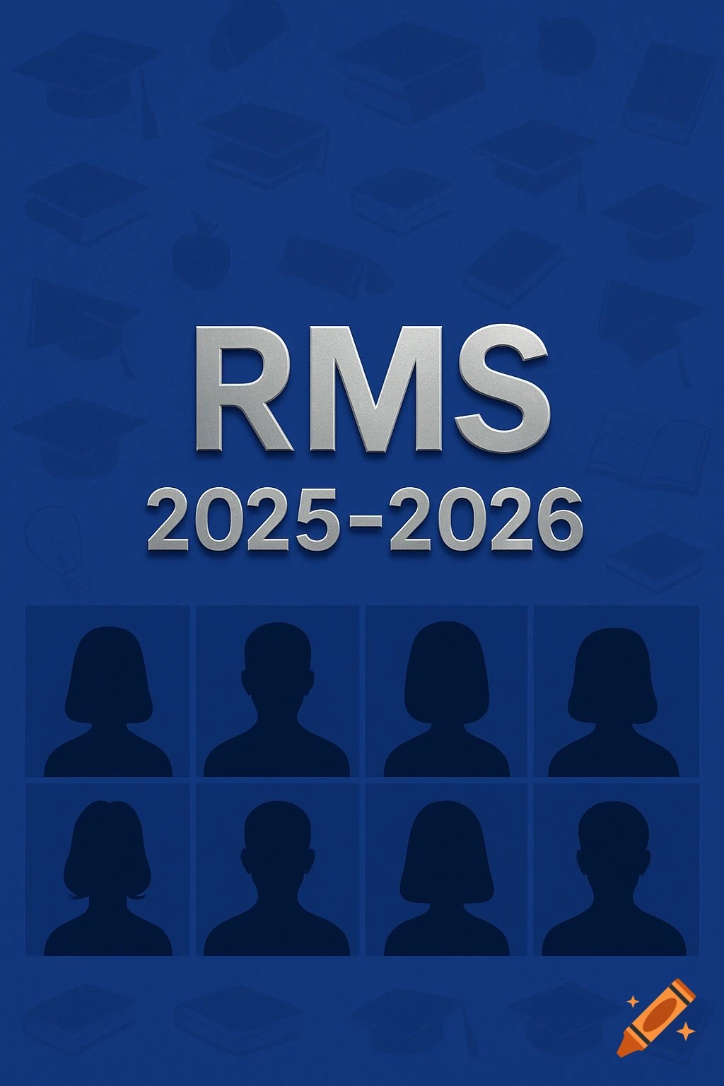 Royal blue yearbook cover with silver text "RMS 2025-2026" and a grid of eight generic person silhouettes. Background has subtle academic icons.