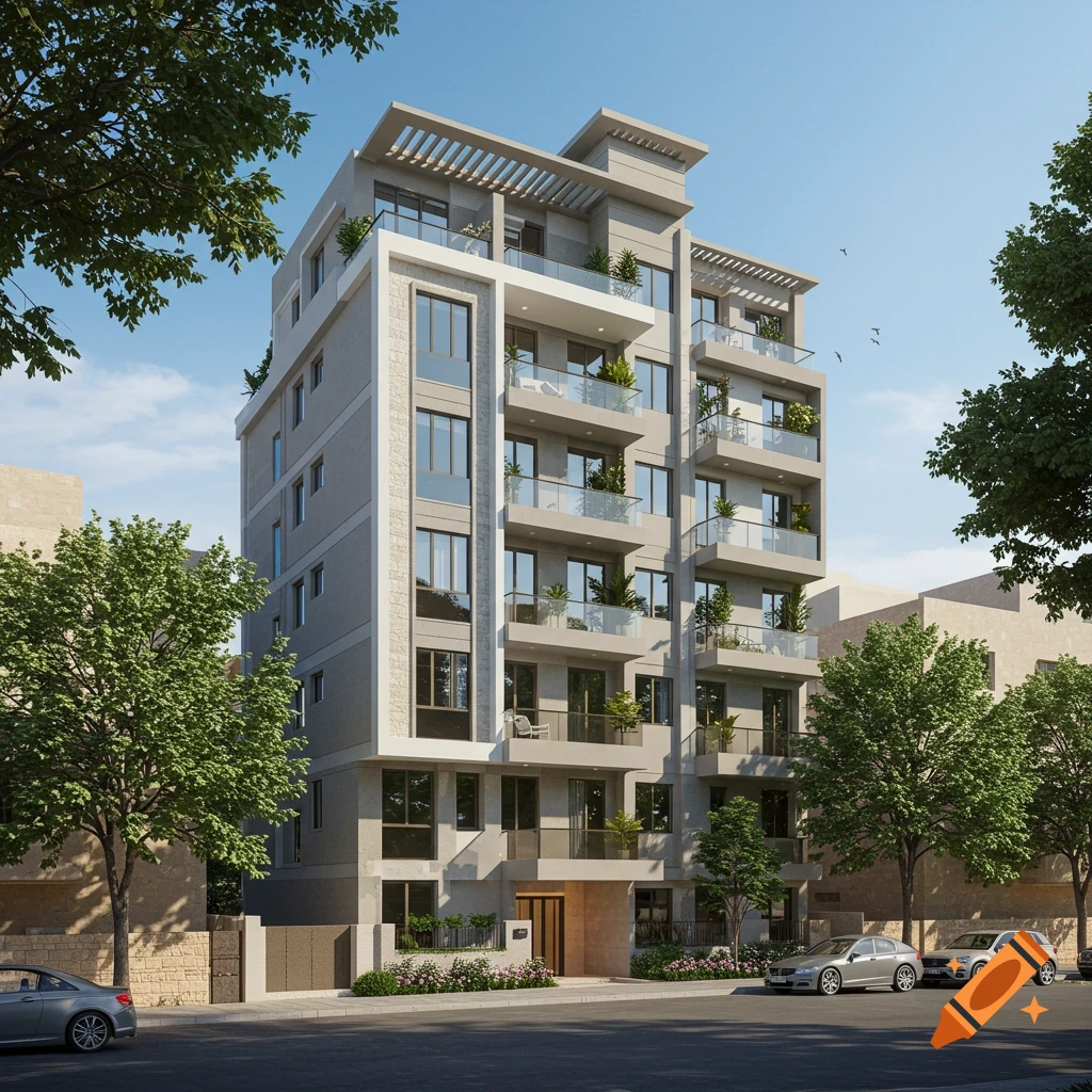 Photorealistic modern residential building with balconies, trees, and parked cars on a city street under a blue sky.