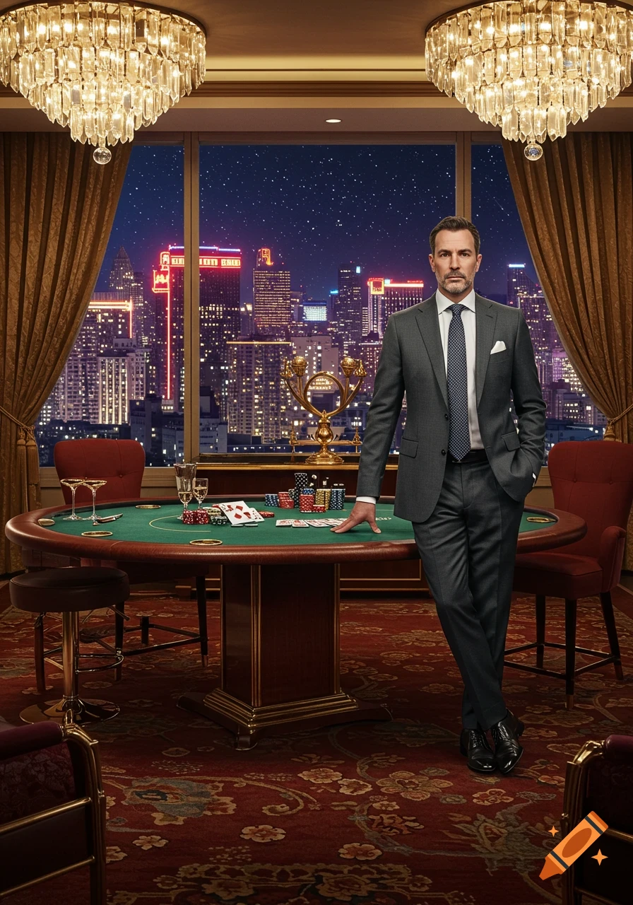A well-dressed man in a suit stands by a poker table in a luxurious casino room overlooking a vibrant city at night.