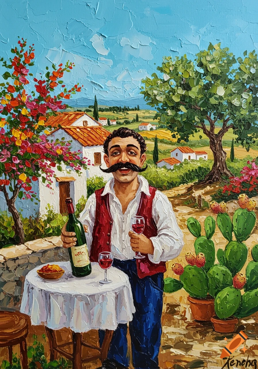 A vibrant impasto painting of a man with a mustache holding a wine bottle and glass in an Italian countryside with houses and bougainvillea.