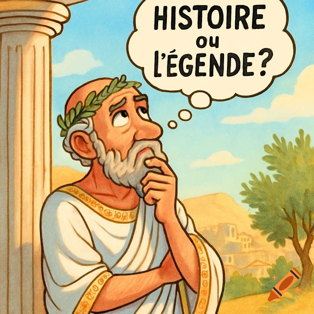 A cartoon of an ancient Greek man with a beard and laurel wreath, pondering a thought bubble that says "HISTOIRE ou L'ÉGENDE?"