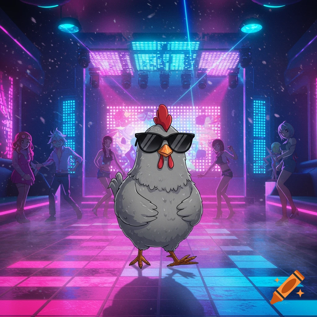A cool gray chicken wearing sunglasses stands center in an anime-style disco with neon lights and dancing people.