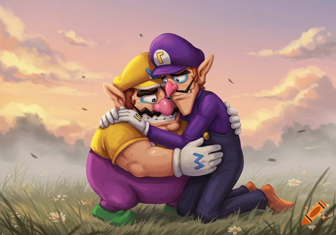 Wario and Waluigi hug sadly in a grassy field at sunset, depicted in a colorful cartoon style.