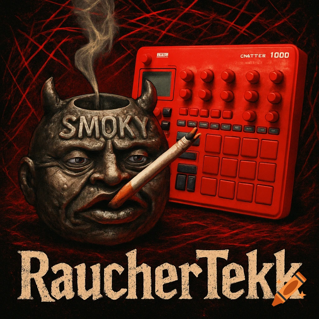 A devil-face ashtray with "SMOKY" on it holds a lit cigarette, next to a red music sampler. Dark red abstract background with "RaucherTekk" text.