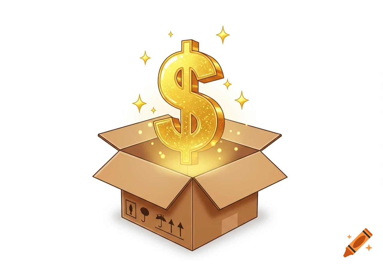 A sparkling golden dollar sign floats from an open brown cardboard box in a cartoon style illustration.