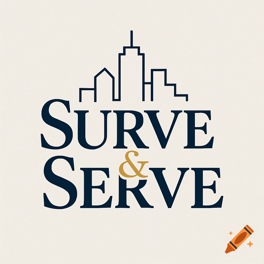 A minimalist logo featuring a dark blue skyline outline above the text "SURVE & SERVE" in dark blue, with the ampersand in gold, all on a light cream background.