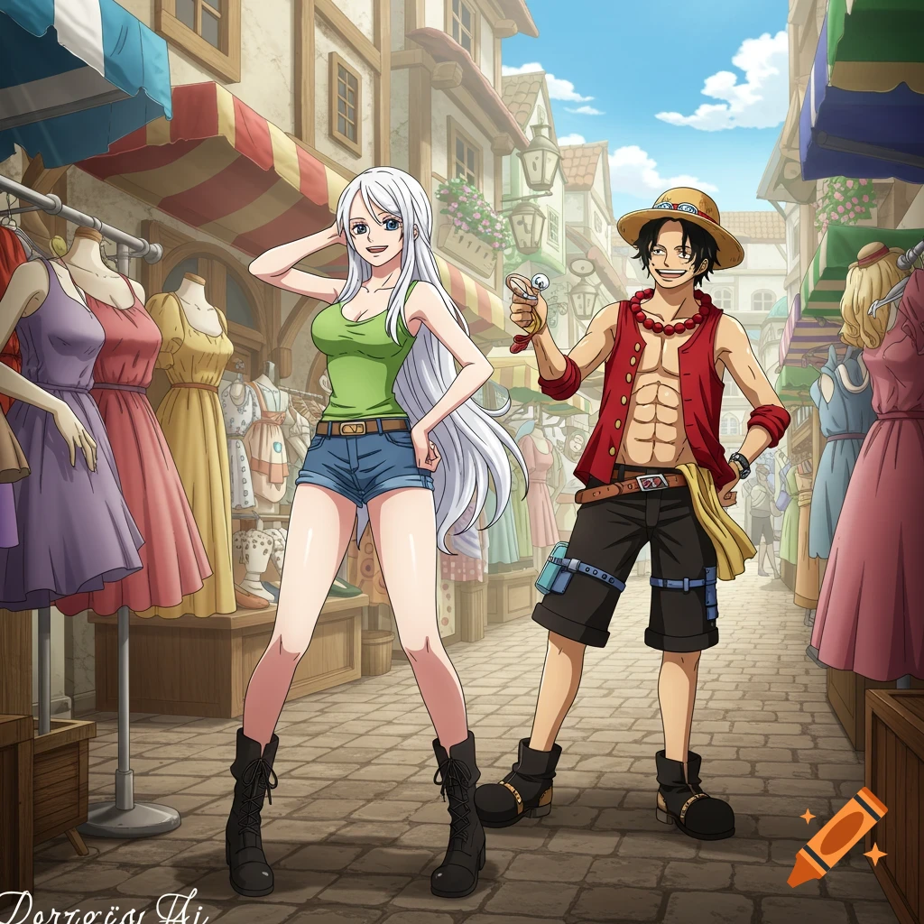 Anime art of a white-haired woman in a green tank top and jean shorts with Portgas D. Ace in a bustling street market.