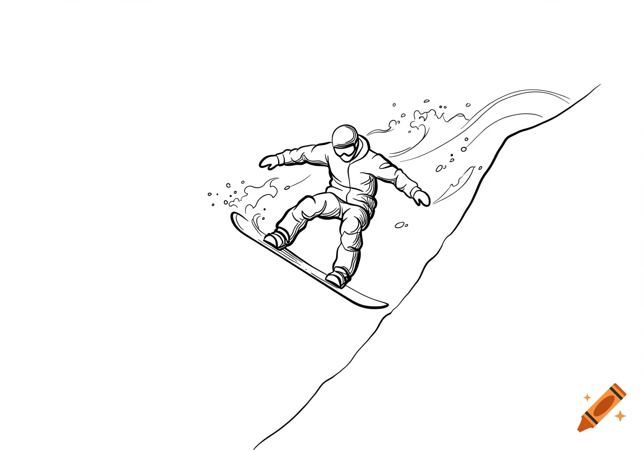 Snowboarder descending a snowy mountain in black line art illustration.