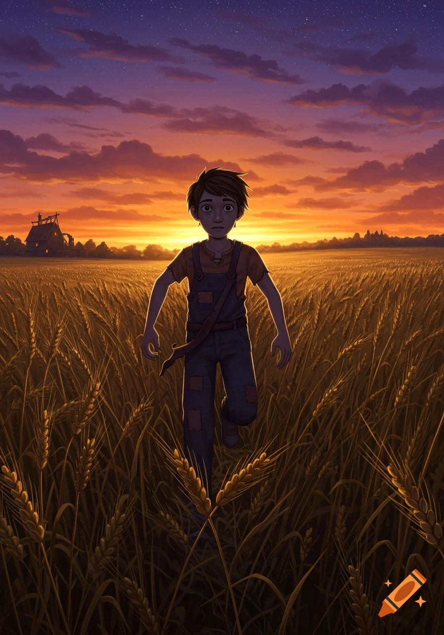 An illustrated boy in overalls runs through a golden wheat field at sunset, with a farmhouse in the distance.